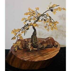 Vtg Handcrafted Copper Wire Beads Bonsai Tree Wood Base Raccoon Family Dove FLAW